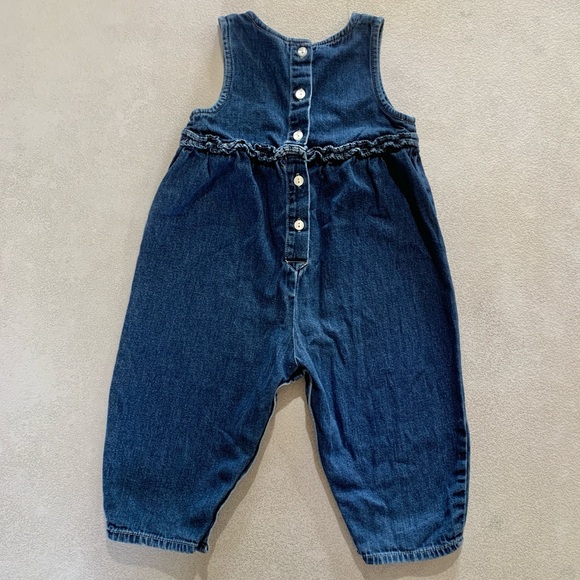 Oshkosh Ruffled Bubble Overalls Blue Jean Denim Jumpsuit Embroidered Flowers 18M - Picture 6 of 10